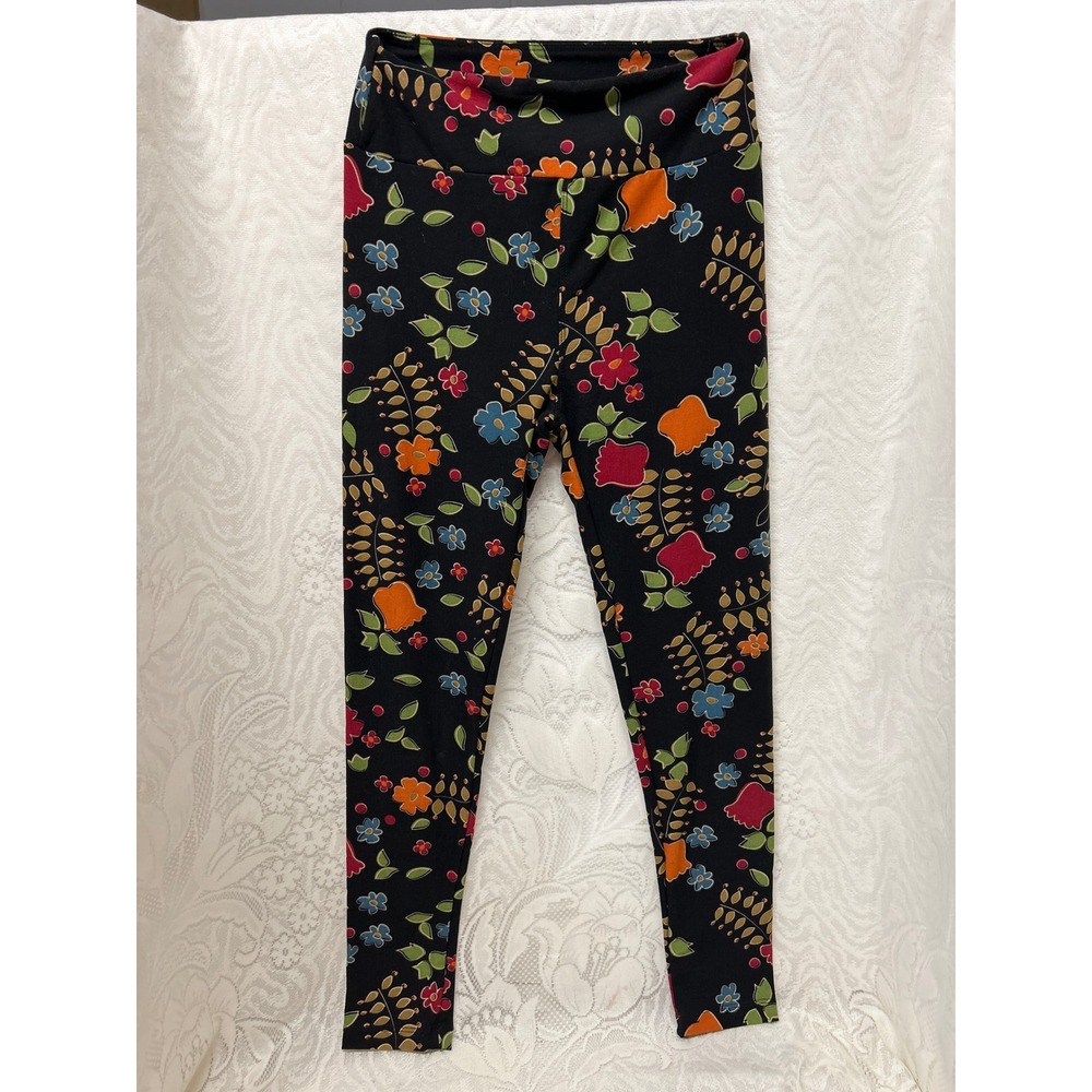LuLaRoe Floral Leggings Black One Size OS 2-10 Butter Soft High Rise Full Length